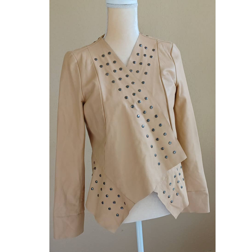 Cache Camel Tan Leather Studded Open Front Waterfall Jacket Medium